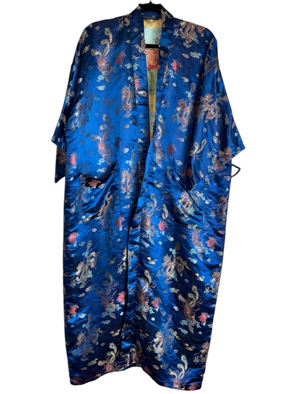 Rainbow Art Collection‎ 100% Silk Kimono Robe Dragon Floral Long Blue